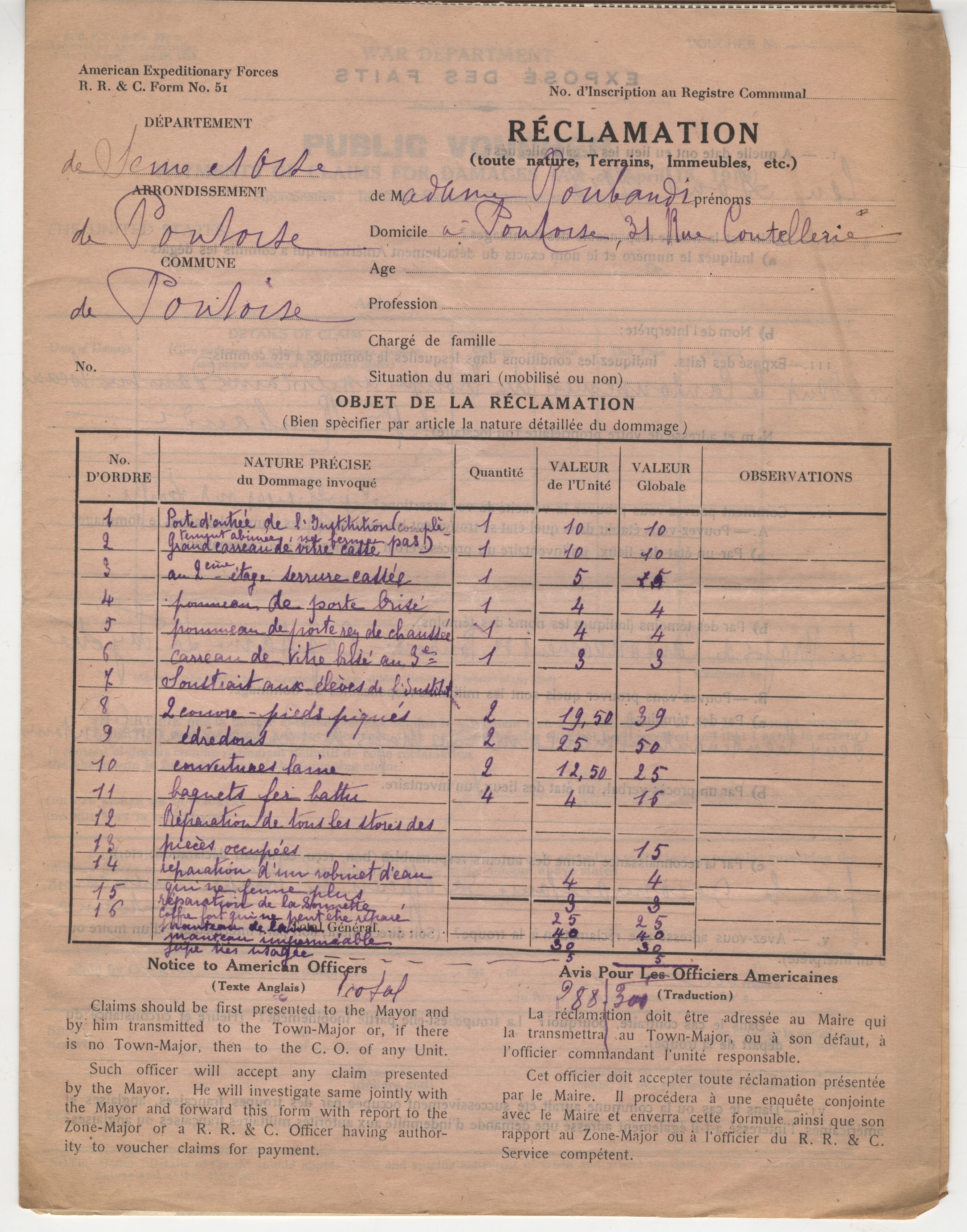 Réquisitions américaines octobre 1918 (Archives municipales)