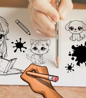 Mains qui dessinent des chibi enfants et animaux 