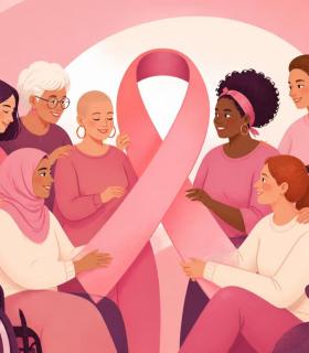 Le nœud rose entouré de femmes de cultures et d'origines différentes